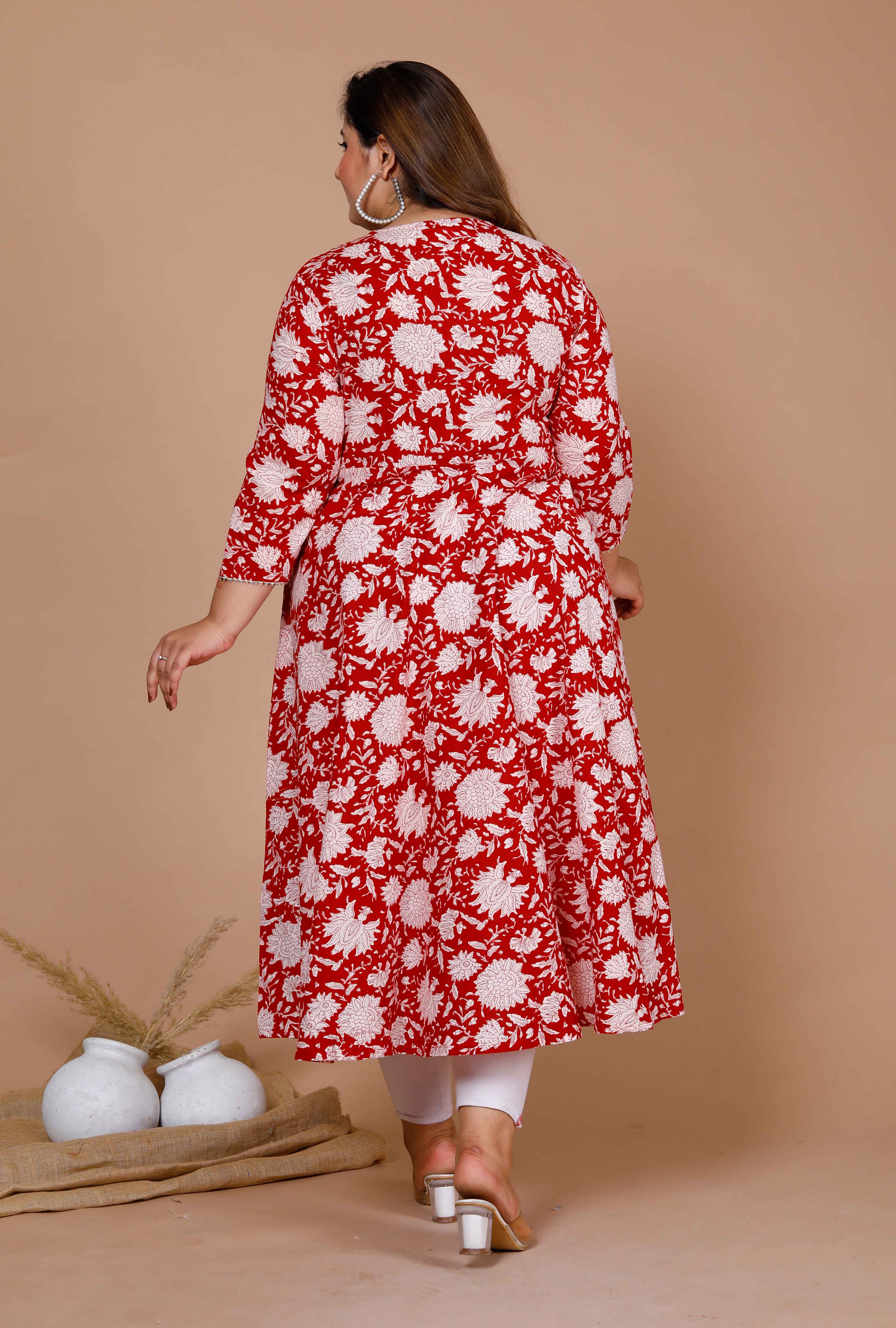 Red Floral Printed Gota Patti V-Neck 3/4th Sleeves Angrakha Style Anarkali Kurta with Dupatta